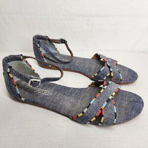 TOMS Womens 7.5 W Blue Ankle Strap Flat Sandals Chambray Buckle